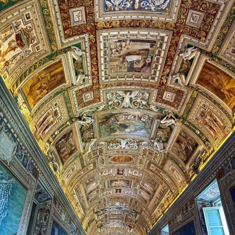 Ornate painted ceiling of the Gallery of Maps inside the Vatican Museums, Rome